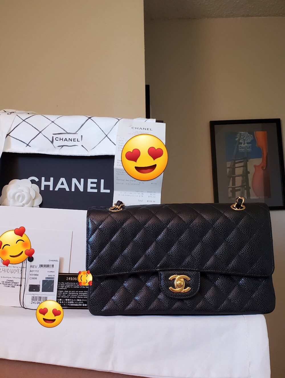Chanel Classic Black Caviar Gold Hw Medium Bag Tag Receipt